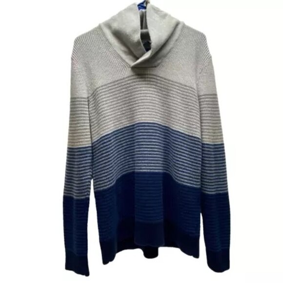 Express Shawl Neck Sweater Men’s XL Gray Navy Stripes Cotton Blend Pullover EUC - Picture 1 of 10